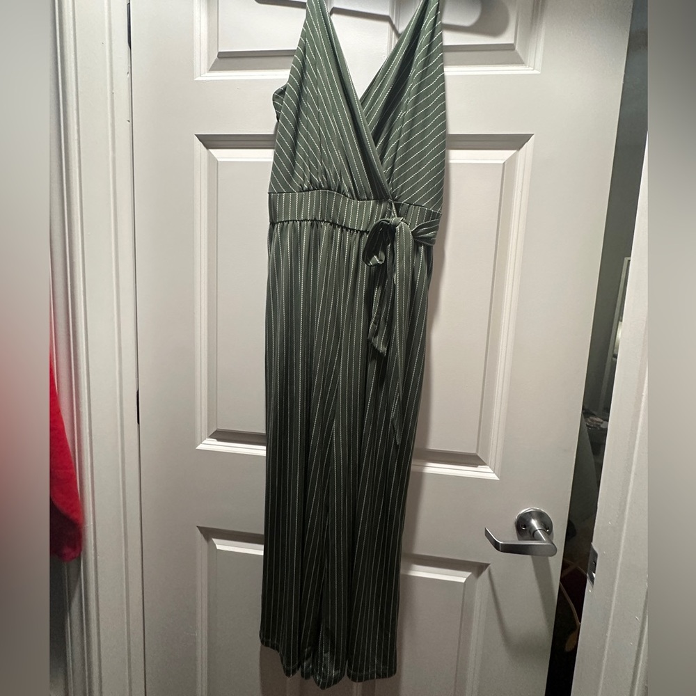 Kaileigh Green And White Striped Large Jumpsuit